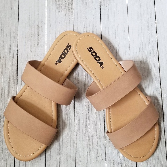 New Taupe Dual Band Slip On Slides Flat Sandals - Picture 2 of 2